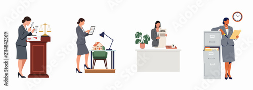 Set of professional businesswomen managing legal contracts, real estate deals, and escrow documentation in office environments, flat vector illustration.