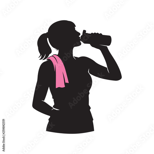 Woman drinking water after fitness exercise.