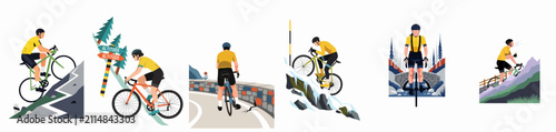 Принти на полотні Set of diverse cycling illustrations showing male and female athletes riding road bikes through challenging mountain terrains and scenic landscapes