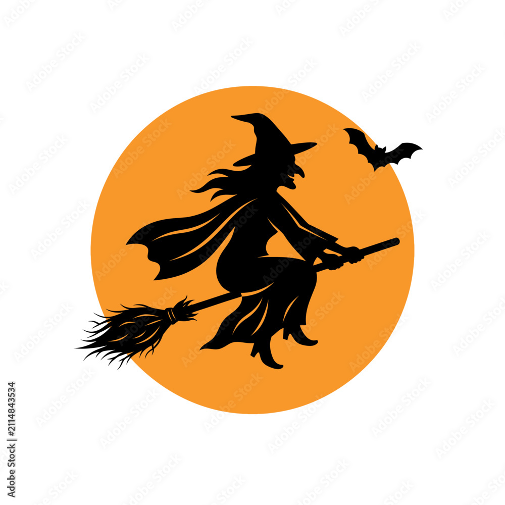 Fototapeta premium Flying Witch Silhouette Halloween Vector with Bat and Full Moon, Isolated on White