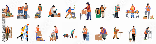 Fotografie Large collection of volunteer characters engaged in various charity work activities including sorting donations, packing boxes, and distributing food and supplies