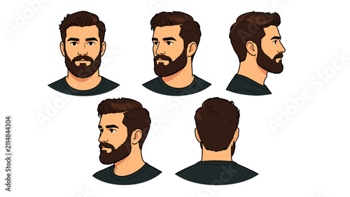 Photography Bearded man head character turnaround with multiple views