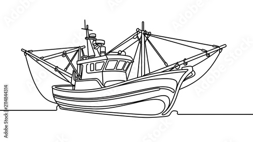 Traditional fishing boat line art white background.