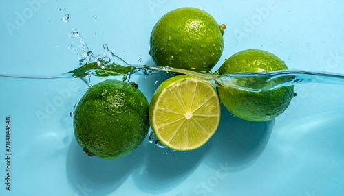 A refreshing still life of green citrus fruits submerged in water