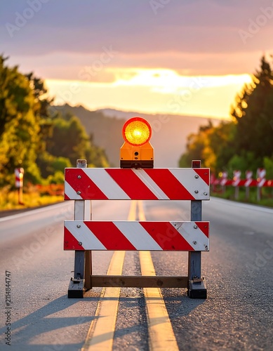 A road block with a warning light on a highway at sunset