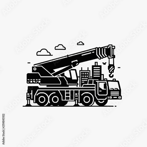 Industrial Black and White Line Art of a Heavy Duty Crane Truck with Extended Boom and City with high quality professional line art symbols for modern creative design and digital branding projects
