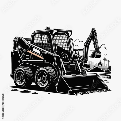Elegant Black and White Sketch of a Backhoe Loader Working on a Construction Site with Fire in with high quality professional line art symbols for modern creative design and digital branding projects