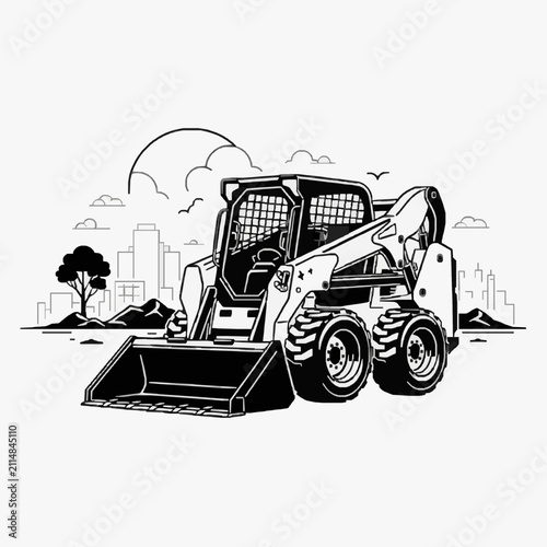 Elegant Black and White Sketch of Compact Track Loader Operating in Urban Construction with high quality professional line art symbols for modern creative design and digital branding projects