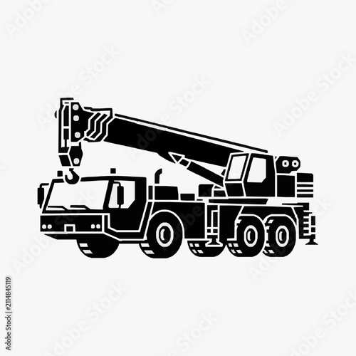 Industrial Black and White Line Art of a Heavy Duty Crane Truck with Extended Boom Arm with high quality professional line art symbols for modern creative design and digital branding projects