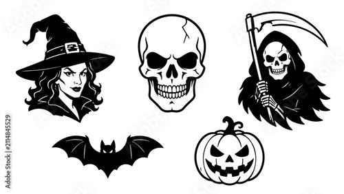 Quadro su tela Halloween icons with witch skull grim reaper bat and pumpkin