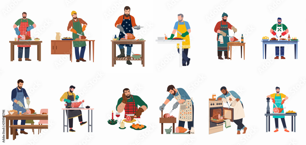 Fototapeta premium Set of diverse men in aprons preparing and carving roasted hams for festive holiday meals and family dinners, flat vector illustration.