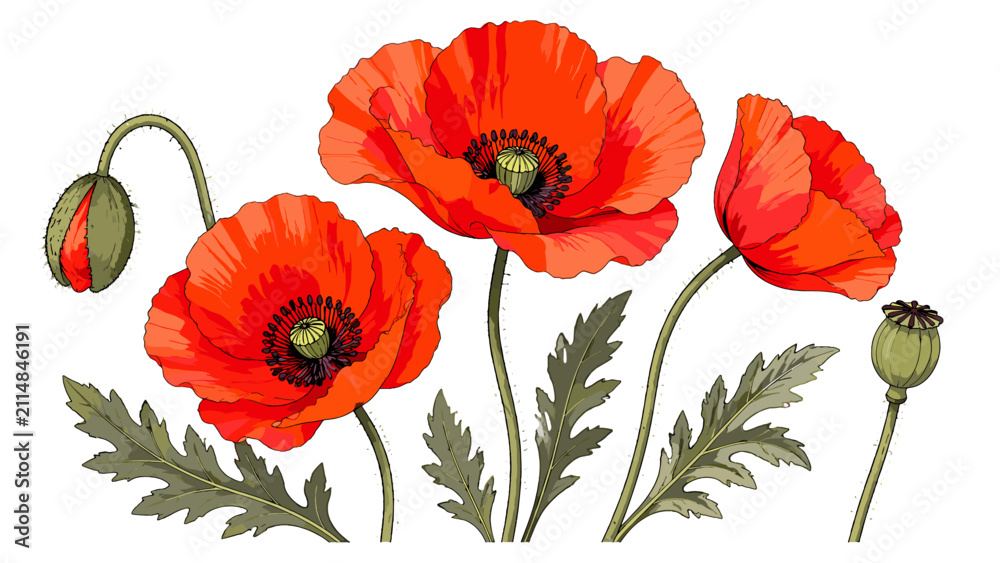 Obraz premium Red poppy flowers with buds and seed pod botanical vector
