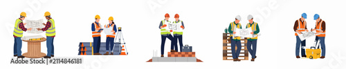 Collection of construction workers and engineers in safety gear analyzing blueprints on a construction site, flat vector illustration on white background.