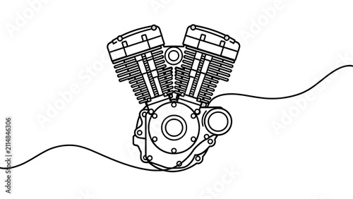 Vintage motorcycle engine illustration white background.