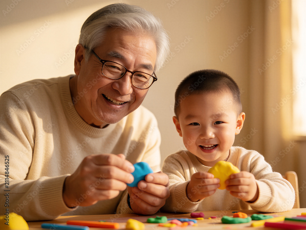 Obraz premium Grandfather and grandson playing with colorful modeling clay