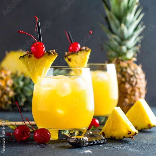A refreshing summer cocktail with pineapple wedges and cherries on a dark background