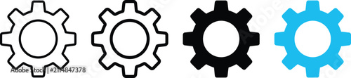 Mechanical gear icons displayed in varied outline styles and solid blue or black color variations