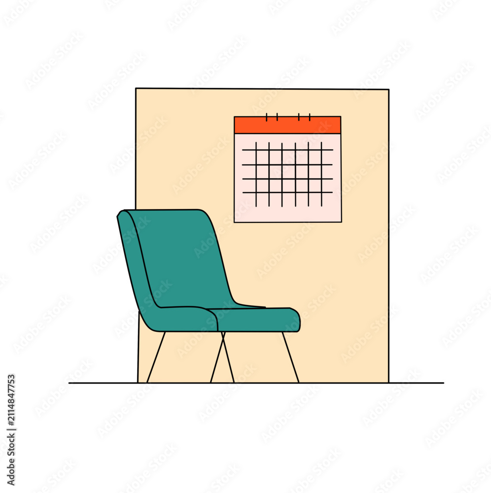 Fototapeta premium Minimalist chair positioned near a wall with a calendar on transparent background
