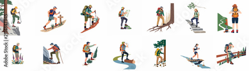 A comprehensive set of vector illustrations featuring diverse hikers and backpackers exploring various outdoor terrains and mountain trails for adventure and travel themes.