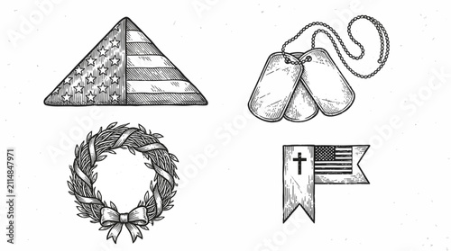 Fotografie Memorial icons including a folded flag, military dog tags, a funeral wreath, and a religious flag are displayed as a set of detailed ink sketches on a textured light surface