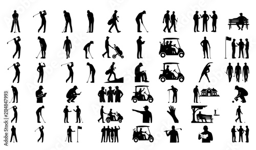 Quadro su tela Golf Player Lifestyle Silhouette Set with Golf Cart Walking and Putting Vector