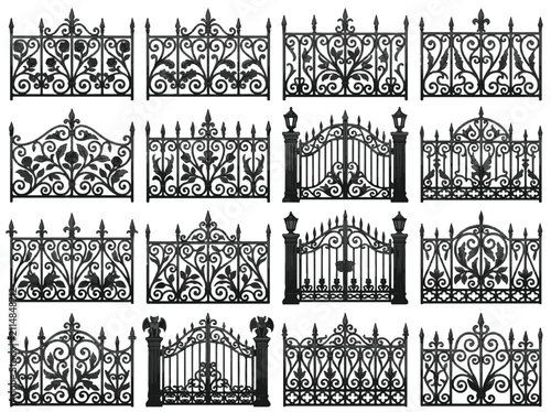 Black Halloween Fence Gate Designs Vector Set Ornate Victorian Style