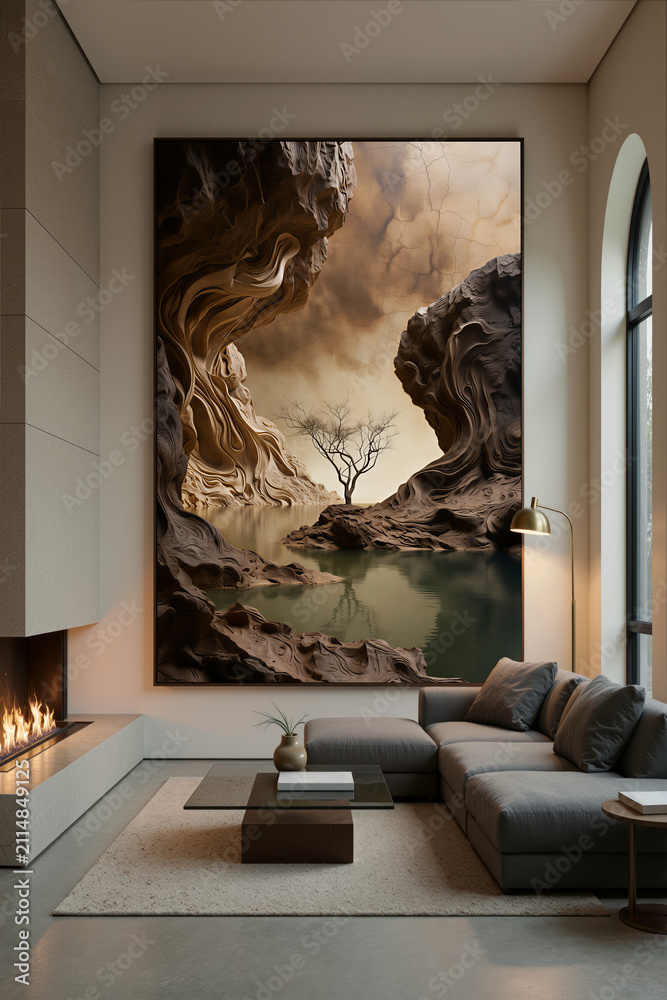 Obraz premium Modern living room with large artwork of nature and tree by water