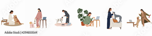 Flat vector illustration set of women working from home with their pet dogs, showcasing remote work lifestyle and animal companionship.