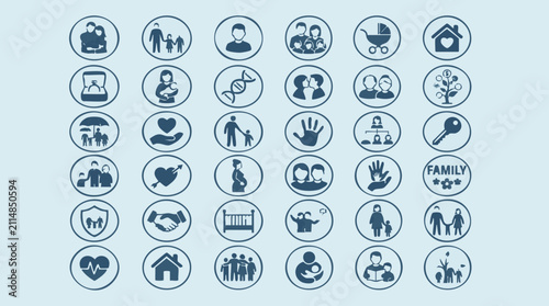 Obraz na plátně Collection of blue family, relationship, and life event icons on a light backgro