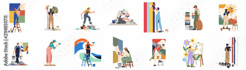 Collection of diverse people painting murals, canvases, and walls using various tools like brushes and rollers in a modern flat illustration style.