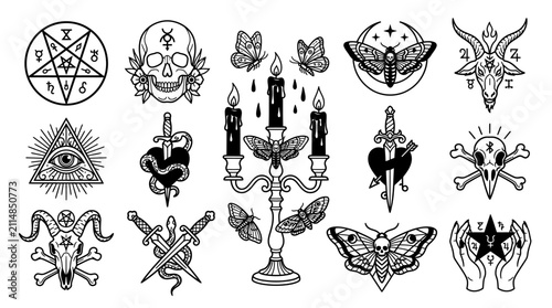 Canvas Print Collection of occult and gothic tattoo flash designs featuring skulls moths cand