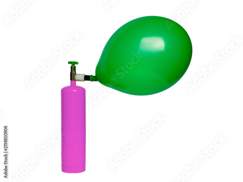 Fotografie Green balloon inflated with purple helium cylinder tank isolated on white