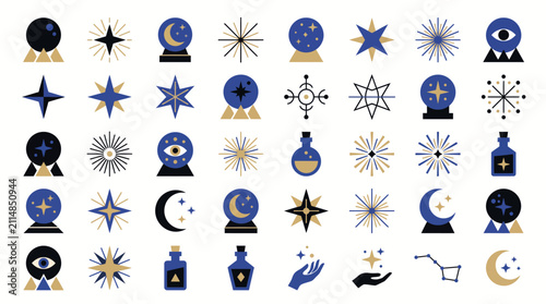 Obraz na płótnie Set of mystical esoteric icons featuring crystal balls stars moons and magic pot