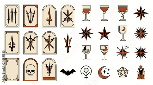 Foto Set of mystical tarot card illustrations featuring swords chalices stars and occ