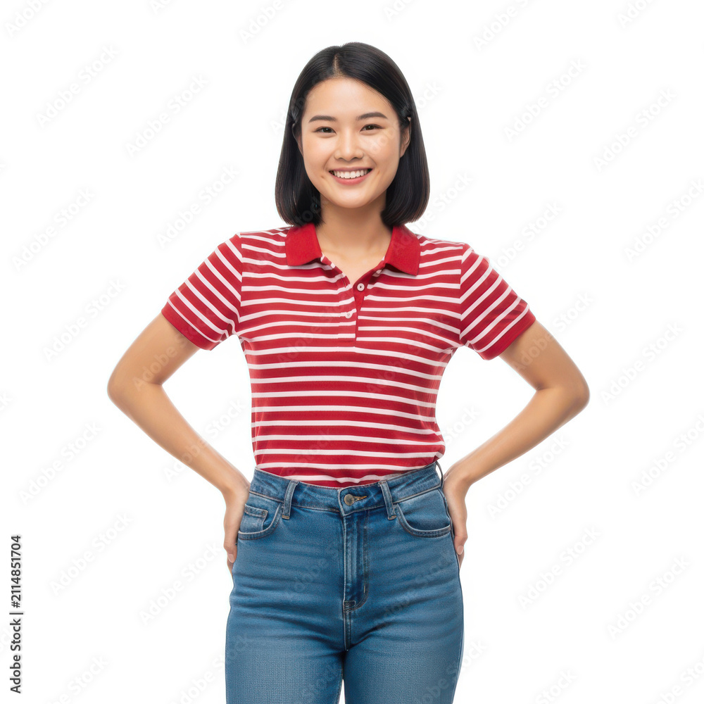 Obraz premium A smiling young woman wearing a red striped polo shirt and jeans stands confidently.
