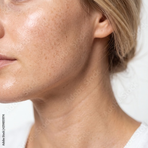 Close up of woman with natural freckled glowing skin