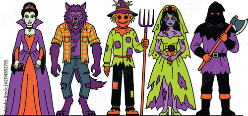 Quadro su tela Set of Halloween horror monster characters, vampire, werewolf, scarecrow, zombie bride, and executioner vector