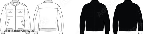 Professional vector fashion flat sketch template showing a classic bomber jacket with utility chest pockets