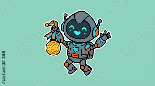 Cute Robotic Character Celebrating Victory by Holding a Shiny Golden Medal Award 