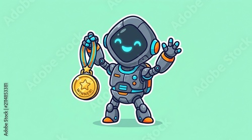 Happy robot holds gold medal, symbolizing technological achievement and digital triumph 