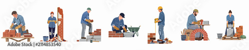Flat vector illustration set of professional bricklayers and masons performing various construction and masonry tasks on a white background.