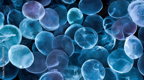 Microscopic view of glowing blue bioluminescent dinoflagellates floating in a dark marine environment