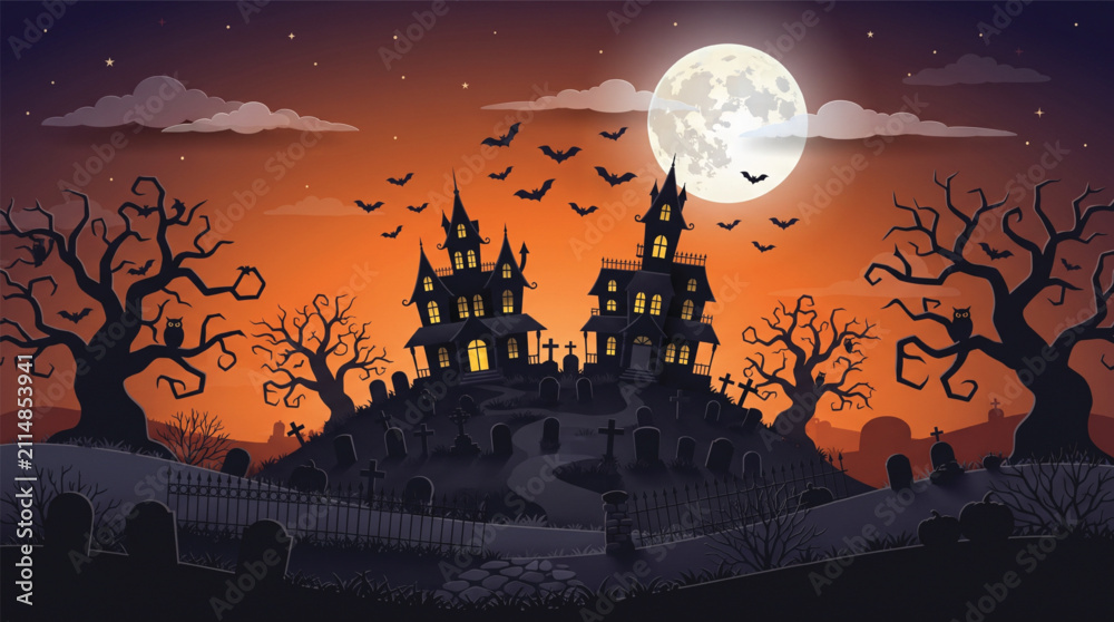 Fototapeta premium Halloween Haunted House Landscape Vector Silhouette Isolated on White Background