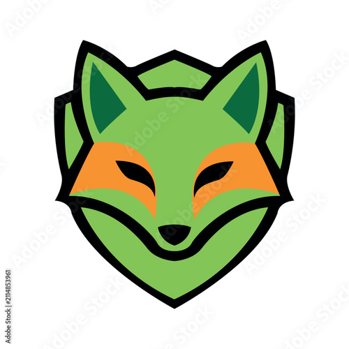 Green and orange fox head mascot logo with shield frame emblem for creative branding