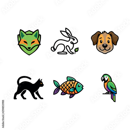 Set of stylized animal icons including a fox, rabbit, dog, cat, fish, and parrot, perfect for branding and design projects