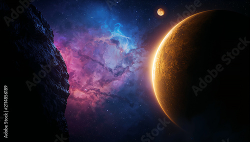 Vast cosmic vista with a glowing planet and distant moon near a nebula