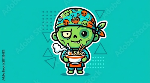 Cute Zombie Boy Eating Hot Ramen Noodle Soup Vector Illustration 