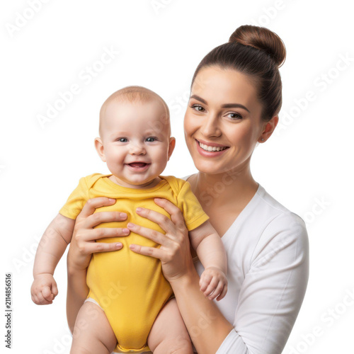 A smiling woman holding a happy baby in a yellow onesie against a white background.
