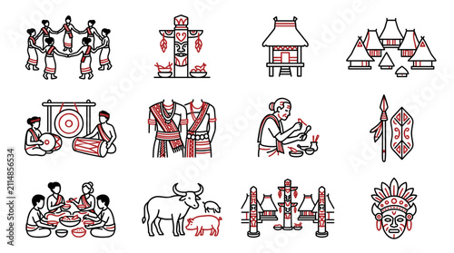 Принти на полотні Tribal Culture Icons: Traditional Village Life, Rituals, and Community