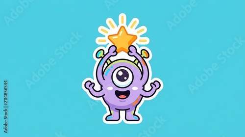 Cute purple one-eyed alien holding a bright glowing star illustration 